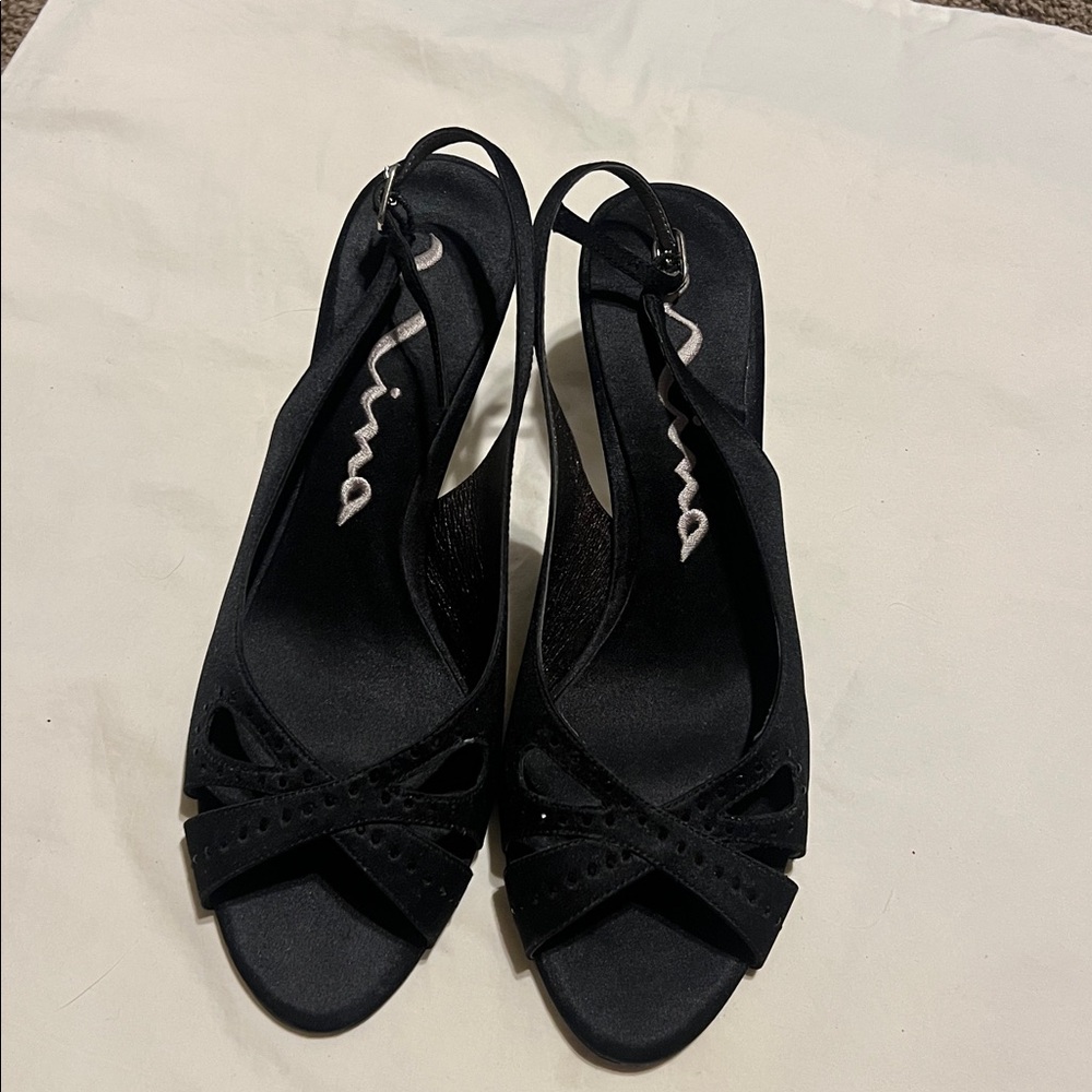 Nina black satin sling back peep toe heels genuine leather sole. - Picture 2 of 9